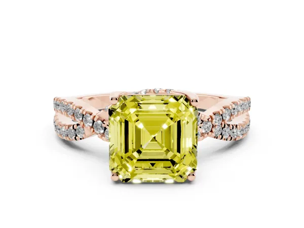 Fancy Yellow Asscher Cut Solitaire Twist Pave Diamond Engagement Ring with Prong Setting Rose gold