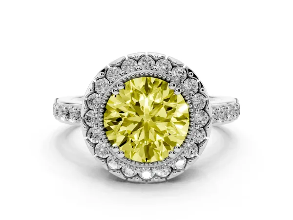 Fancy Yellow Round Cut Diamond Halo Ring with Pavé Band and Prong Setting White gold
