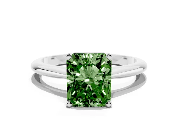 Fancy Green Radiant Cut Cut Solitaire Ring with Four-Prong Setting on a Classic Band Platinum
