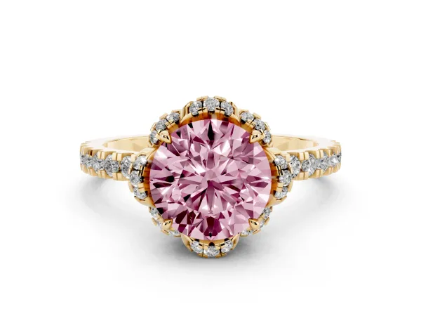 Fancy Pink Round Cut Diamond Halo Pave Band with Four-Prong Setting Yellow gold