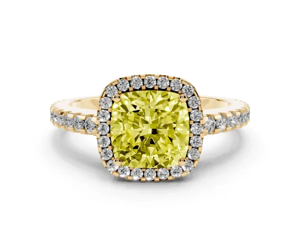 Fancy Yellow Cushion Cut Diamond Halo Engagement Ring with Pavé Band and Prong Setting Yellow gold