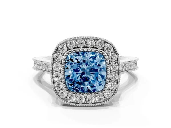 Fancy Blue Cushion Cut Diamond Halo Ring with Milgrain Frame and Pavé Band Platinum