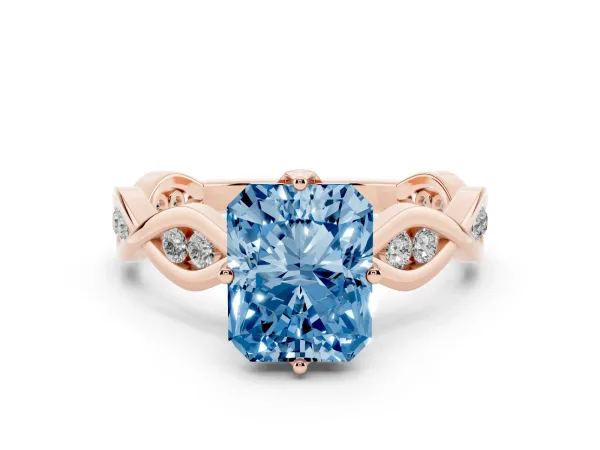 Fancy Blue Radiant Cut Solitaire Twist Band with Leaf Prong Setting Rose gold