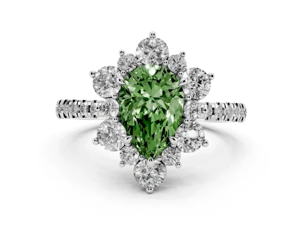 Fancy Green Pear Cut Diamond Floral Halo Ring with Round Pavé Band and Prong Setting White gold