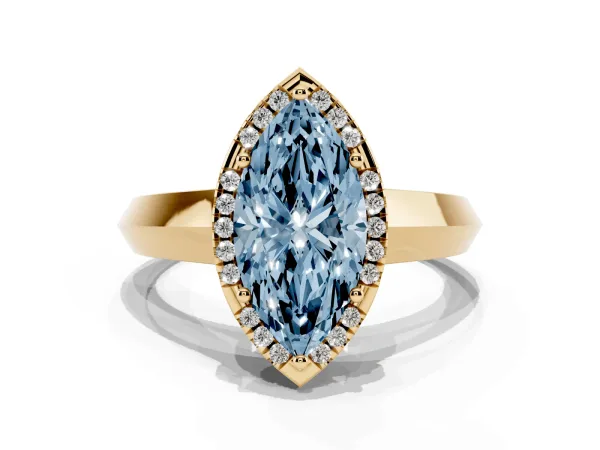Fancy Blue Marquise Cut Halo Diamond Ring with Cathedral Band and Four-Prong Setting Yellow gold