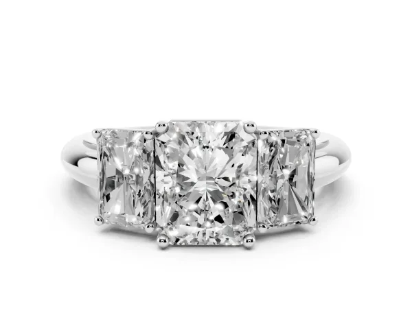 Three-Stone Radiant Cut Cut Diamond Engagement Ring with Prong Setting on a White Gold Band White gold