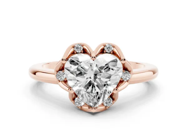 Heart Cut Halo Diamond Ring with Round Cluster Setting, Solitaire Band, and Four-Prong Setting Rose gold