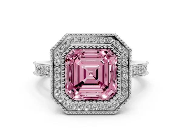 Fancy Pink Halo Asscher Cut-Cut Diamond Pave Band Milgrain Prong Setting Ring White gold