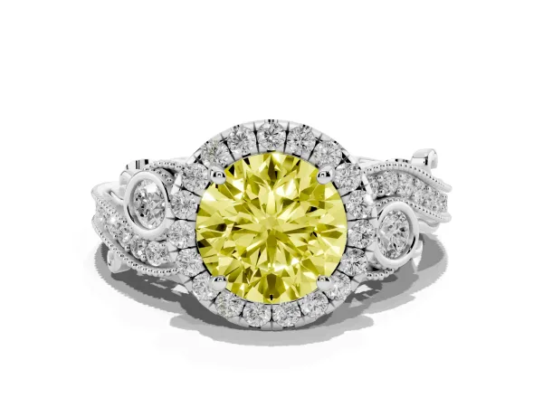 Fancy Yellow Round Cut Halo Diamond Ring with Milgrain and Bezel Accents on a Split Shank Band White gold