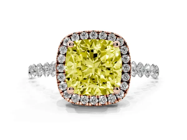 Fancy Yellow Cushion Cut Halo Pavé Diamond Engagement Ring with Four-Prong Setting Rose gold
