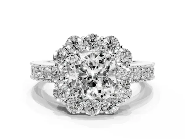 Cushion Cut Cut Halo Diamond Pavé Engagement Ring with Milgrain Detailing White gold