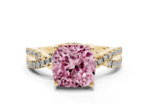 Fancy Pink Cushion Cut Solitaire Twist Pave Diamond Engagement Ring with Prong Setting Yellow gold