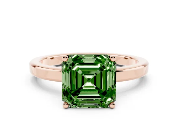 Fancy Green Asscher Cut Cut Solitaire Engagement Ring with Four-Prong Setting on a Classic Band Rose gold