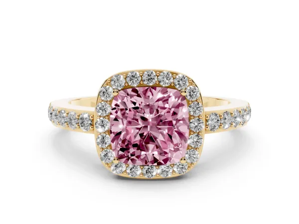 Fancy Pink Cushion Cut Halo Diamond Pavé Band Ring with Prong Setting Yellow gold