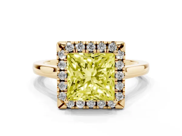Fancy Yellow Princess Cut Halo Round Diamond Solitaire Ring with Pavé Band and Four-Prong Setting Yellow gold