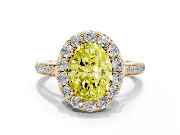 Fancy Yellow Oval Cut Diamond Floral Halo Ring with Pavé Band and Prong Setting Yellow gold
