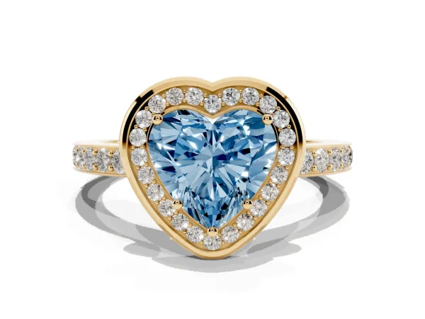 Fancy Blue Heart Cut Diamond Halo Ring with Bezel Frame and Pavé Band Yellow gold