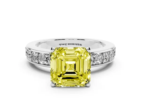 Fancy Yellow Asscher Cut Diamond Engagement Ring with Channel Set Round Band and Prong Setting White gold