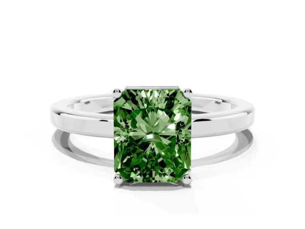 Fancy Green Radiant Cut Cut Solitaire Engagement Ring with Four-Prong Setting on a Classic Band Platinum