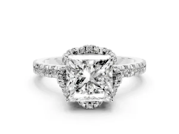Princess Cut Diamond Halo Pave Band with Four-Prong Setting White gold