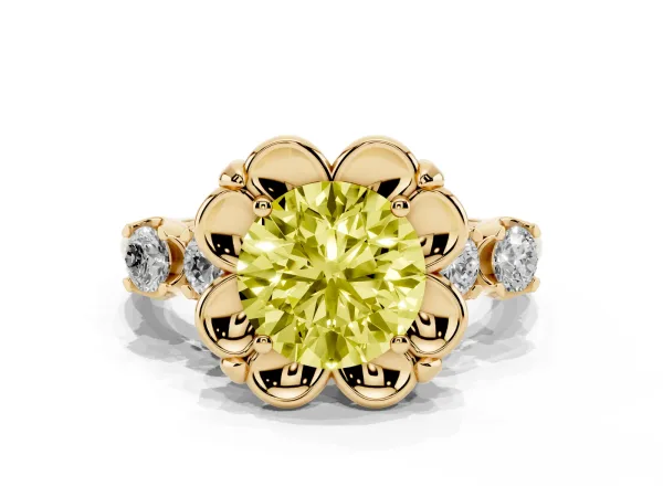 Fancy Yellow Round Cut Cut Diamond Floral Halo Engagement Ring with Shared Prong Setting Yellow gold