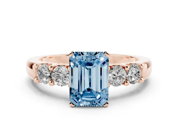 Fancy Blue Emerald Cut Brilliant Cut Diamond Five-Stone Prong Set Engagement Ring with Channel Band Rose gold