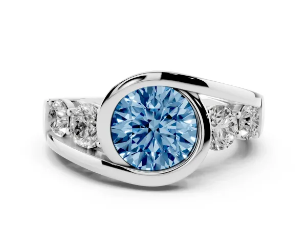 Fancy Blue Bezel Set Round Cut Diamond Bypass Ring with Round Accents Platinum