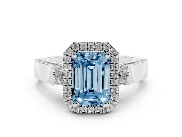 Fancy Blue Emerald Cut Halo Round Diamond Twist Band with Four-Prong Setting White gold
