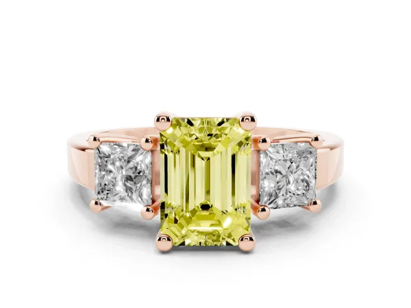 Fancy Yellow Three-Stone Emerald Cut Cut Solitaire Ring with Prong Setting Rose gold
