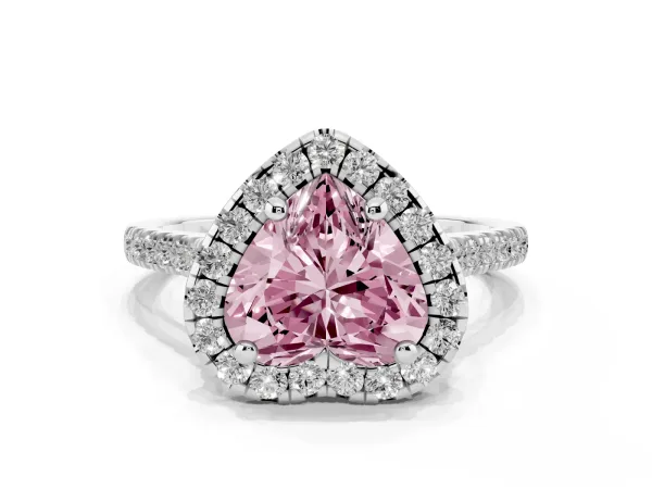 Fancy Pink Heart Cut Diamond Cushion Halo Ring with Pavé Band White gold