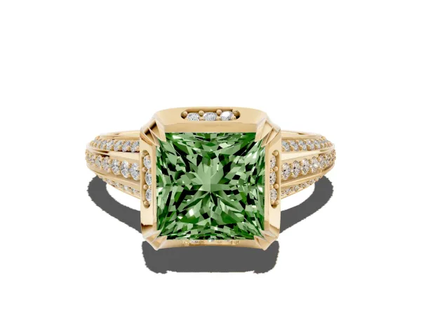 Fancy Green Princess Cut Solitaire Pave Split Shank Ring with Four-Prong Setting Yellow gold