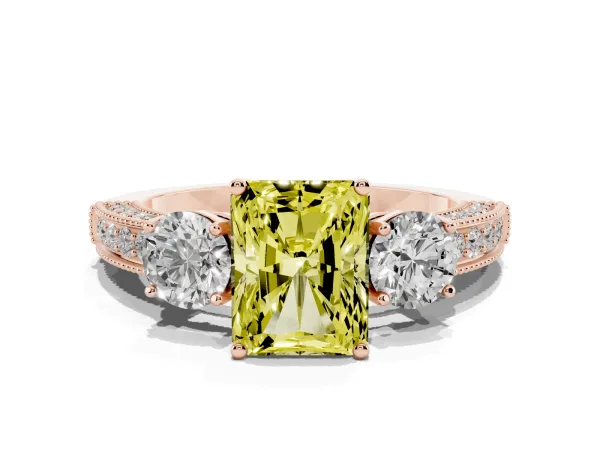 Fancy Yellow Radiant Cut Three-Stone Diamond Ring with Pavé Band and Four-Prong Setting Rose gold