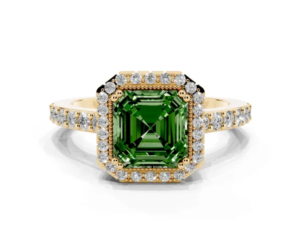 Fancy Green Asscher Cut Cut Diamond Halo Engagement Ring with Milgrain Detail and Pavé Band Yellow gold