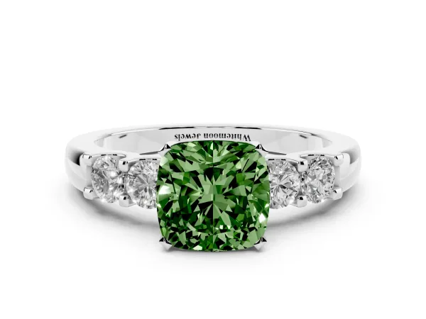 Fancy Green Cushion Cut Brilliant Cut Diamond Five-Stone Prong Set Engagement Ring with Channel Band White gold