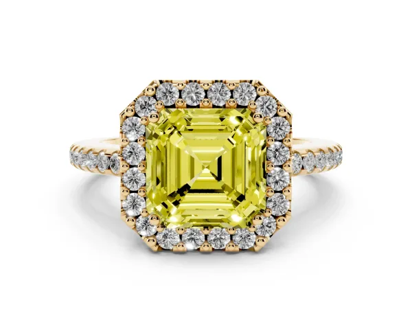Fancy Yellow Asscher Cut Diamond Pavé Halo Ring with Four-Prong Setting Yellow gold