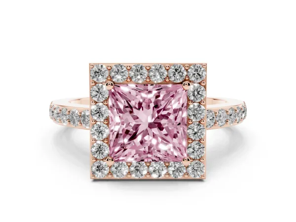 Fancy Pink Princess Cut Halo Diamond Pavé Band Ring with Prong Setting Rose gold