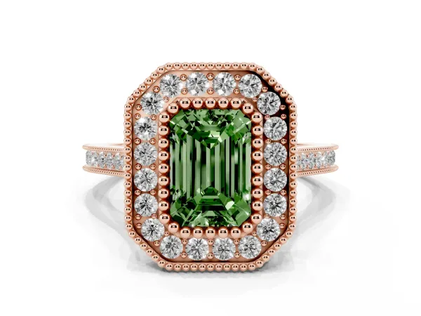 Fancy Green Emerald Cut Diamond Halo Ring with Milgrain Frame and Pavé Band Rose gold