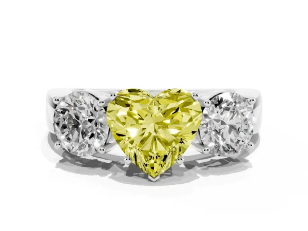 Fancy Yellow Three-Stone Heart Cut Diamond Ring with Round Side Stones, Classic Band, and Four-Prong Setting Platinum