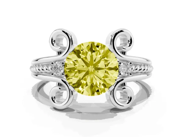 Fancy Yellow Round Cut Solitaire Twisted Band Scroll Prong Ring White gold