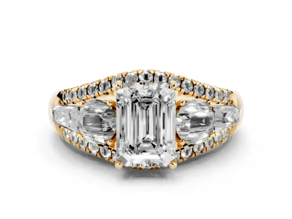 Three-Stone Emerald Cut Diamond Engagement Ring with Pave Band and Prong Setting Yellow gold