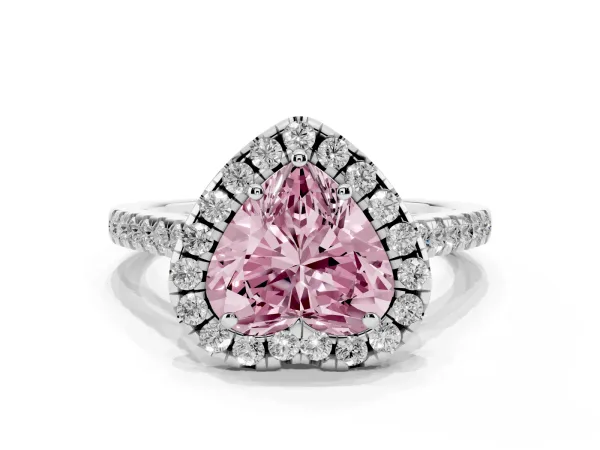 Fancy Pink Heart Cut Halo Pavé Diamond Engagement Ring with Four-Prong Setting Platinum