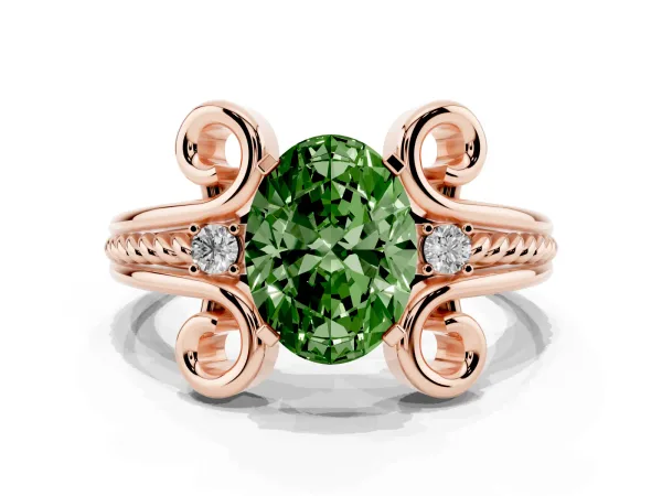 Fancy Green Oval Cut Solitaire Twisted Band Scroll Prong Ring Rose gold