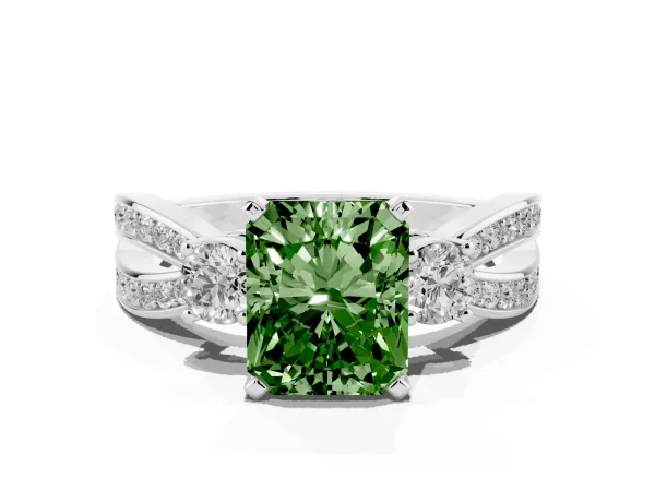 Fancy Green Three-Stone Radiant Cut Cut Diamond Twist Band with Prong Setting Platinum