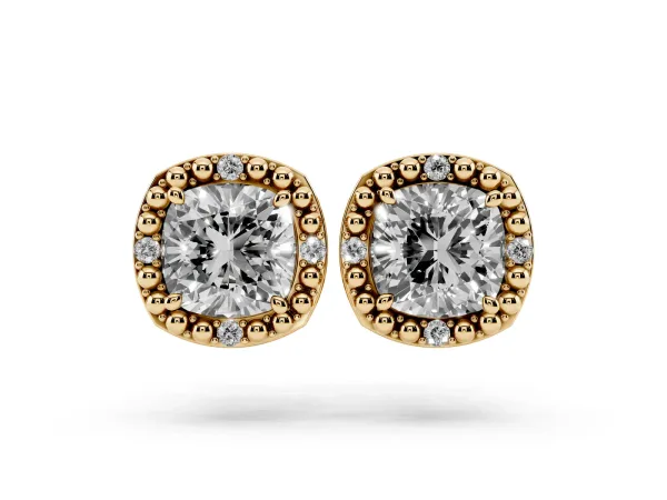 Cushion Diamond Beaded Halo Stud Earrings Yellow gold