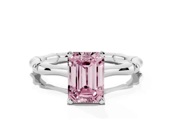 Fancy Pink Emerald Cut Solitaire Diamond Ring with Bamboo Band and Four-Prong Setting Platinum