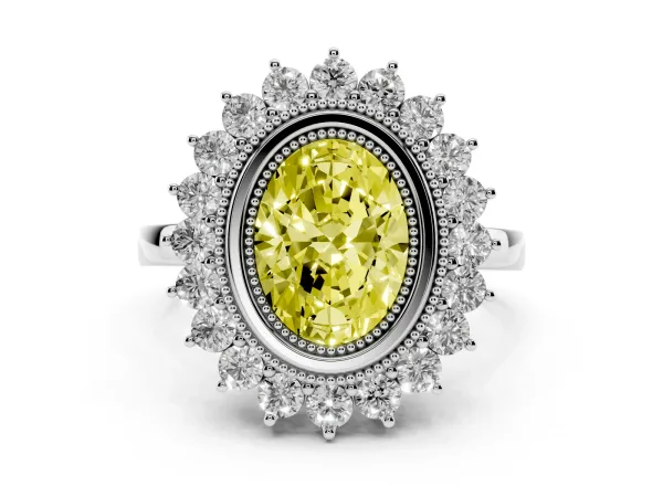 Fancy Yellow Oval Cut Halo Diamond Ring with Milgrain Edge and Round Prong Setting Platinum