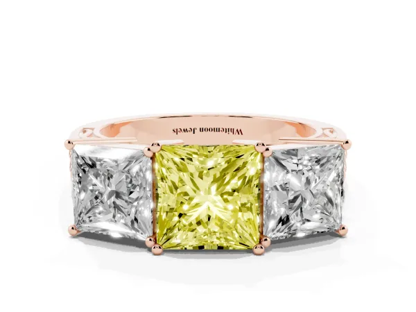 Fancy Yellow Princess Cut Diamond Three-Stone Ring with Prong Setting and Textured Band Rose gold