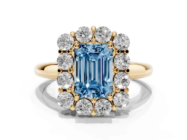 Fancy Blue Emerald Cut Halo Cluster Diamond Engagement Ring with Prong Setting and Polished Band Yellow gold