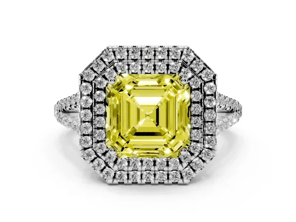 Fancy Yellow Asscher Cut Diamond Double Halo Ring with Pavé Band and Prong Setting White gold