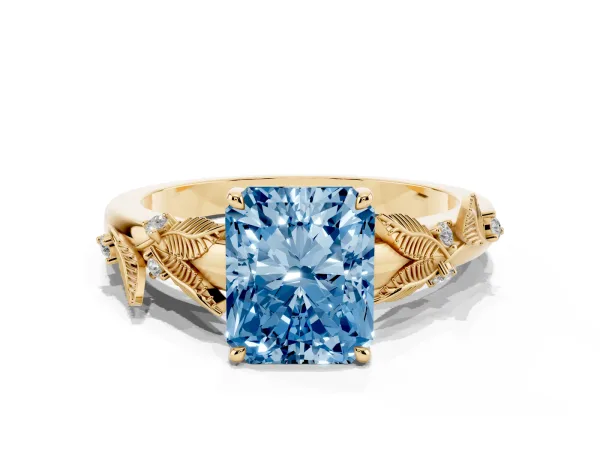 Fancy Blue Radiant Cut Diamond Solitaire Ring with Leaf Motif Band and Four-Prong Setting Yellow gold